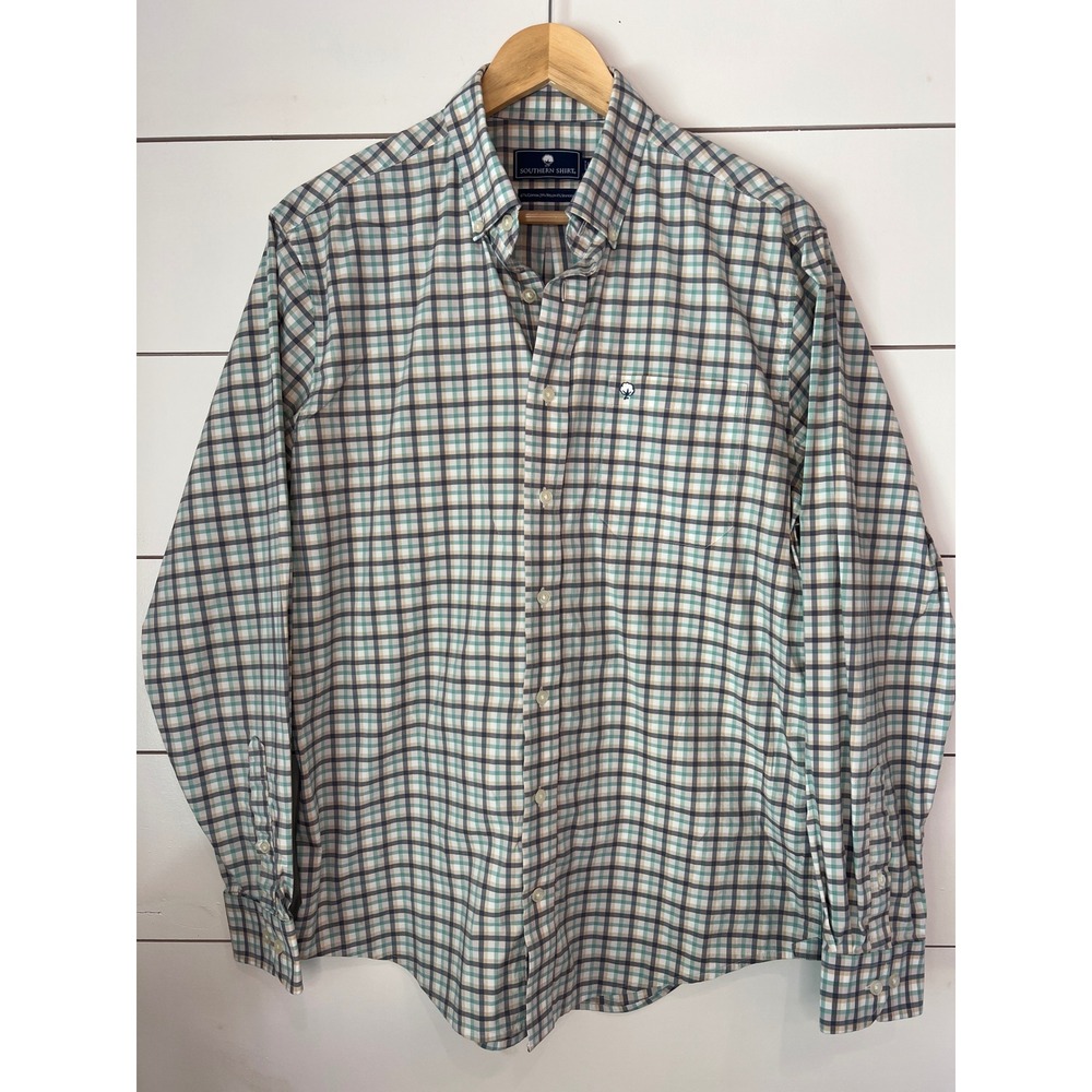 Southern Shirt Mens Medium Green Blue Plaid Long Sleeve Button Down Shirt SSCO